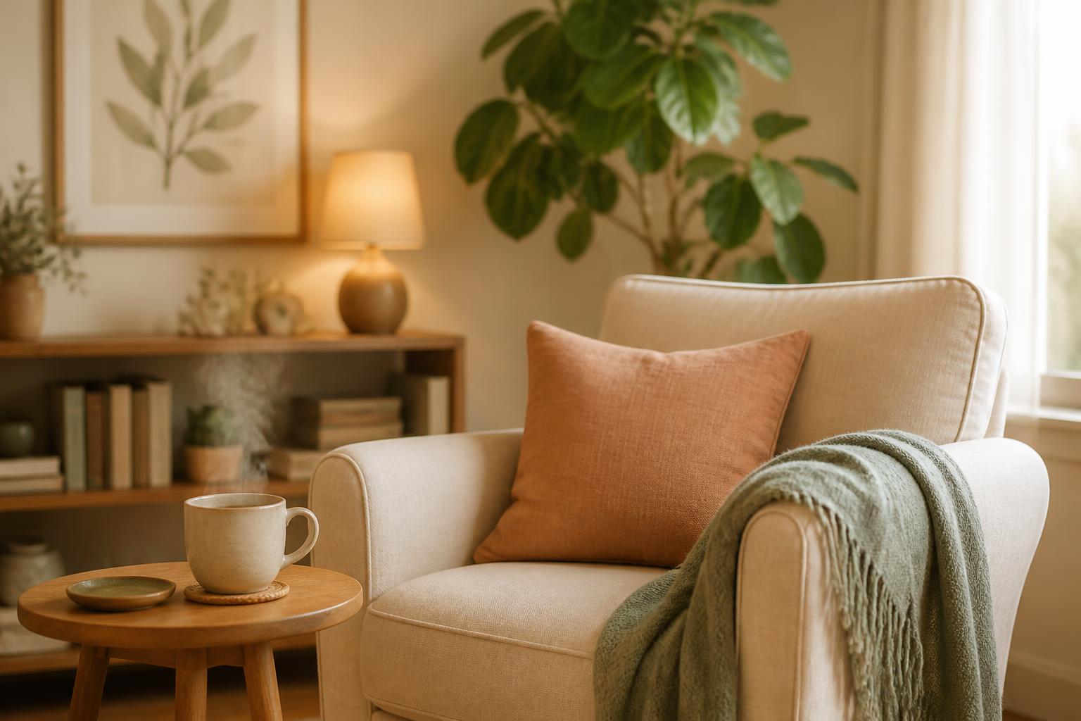 A warm, softly lit room with an armchair, a lamp and green plants