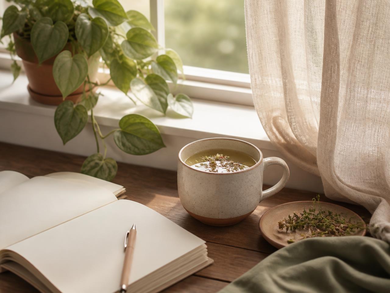 A quiet window nook with sheer curtains, a plant and a cup of tea