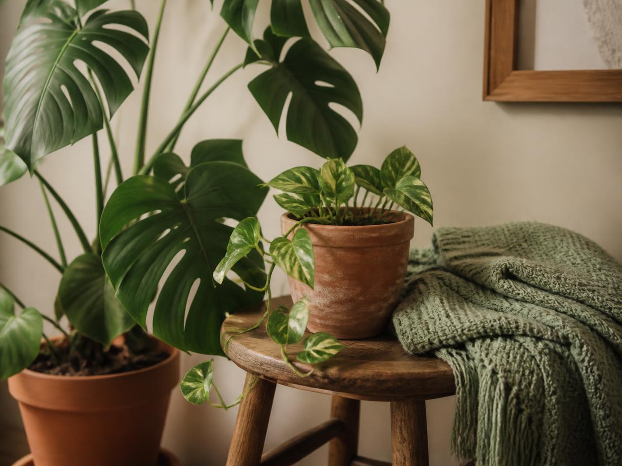 Green plants in terracotta pots beside a knitted blanket