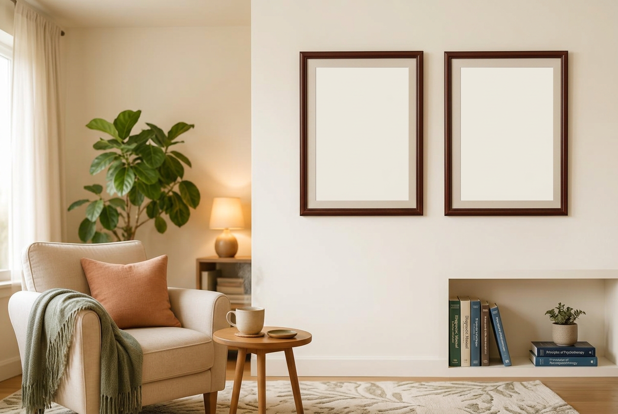 A warm therapy office with two framed diplomas on the wall